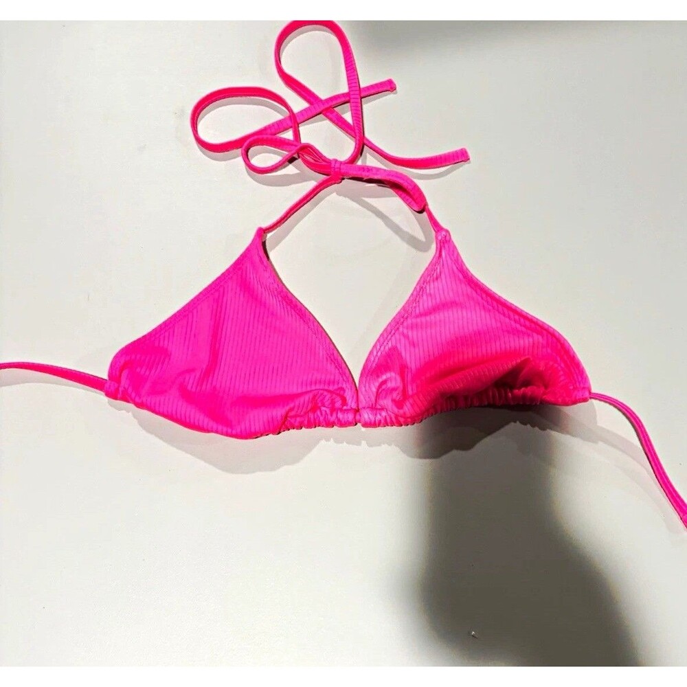 Wild Fable Pink Ribbed Triangle Halter Tie Bikini Top, Women’s Size L, A Cup